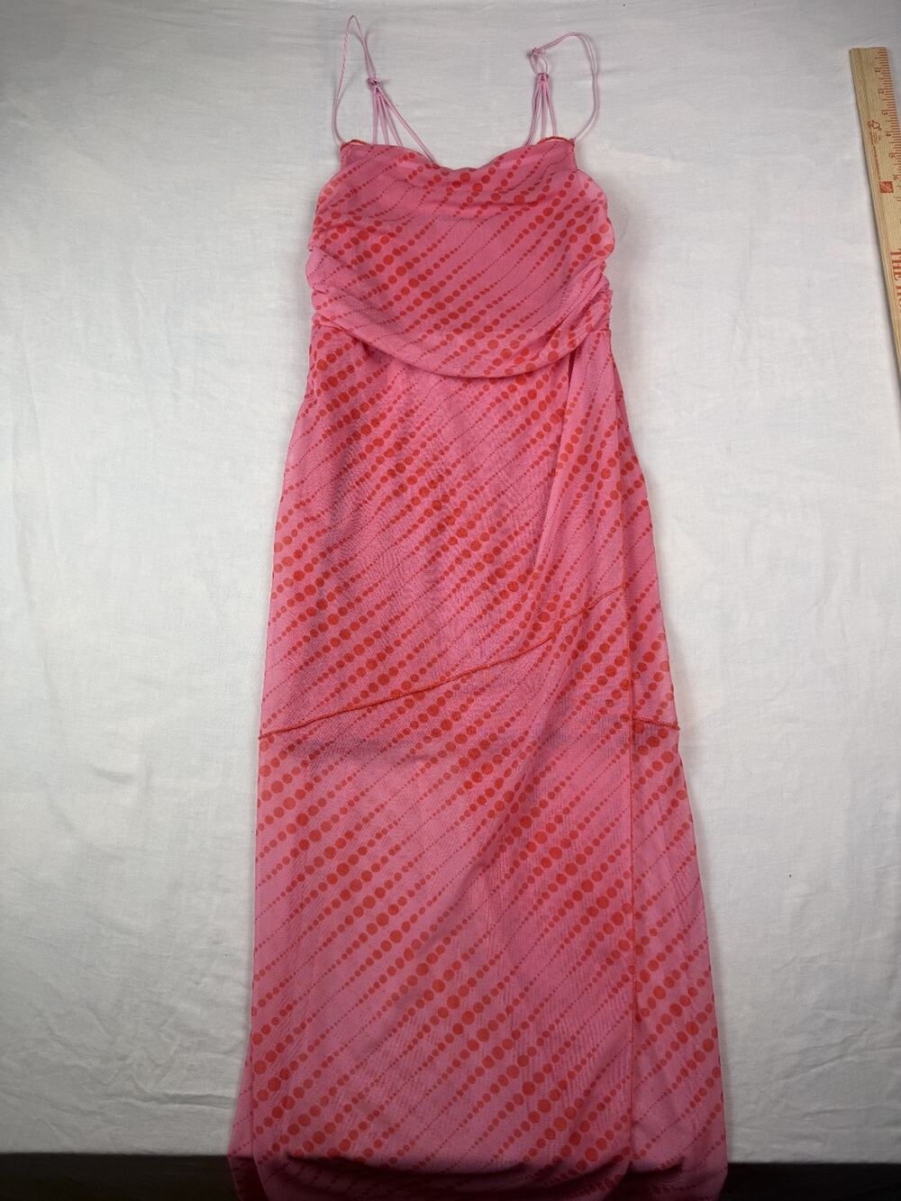 Urban Outfitters Pink Orange Polka Dot Mesh Overlay Maxi Dress Size XS Petite